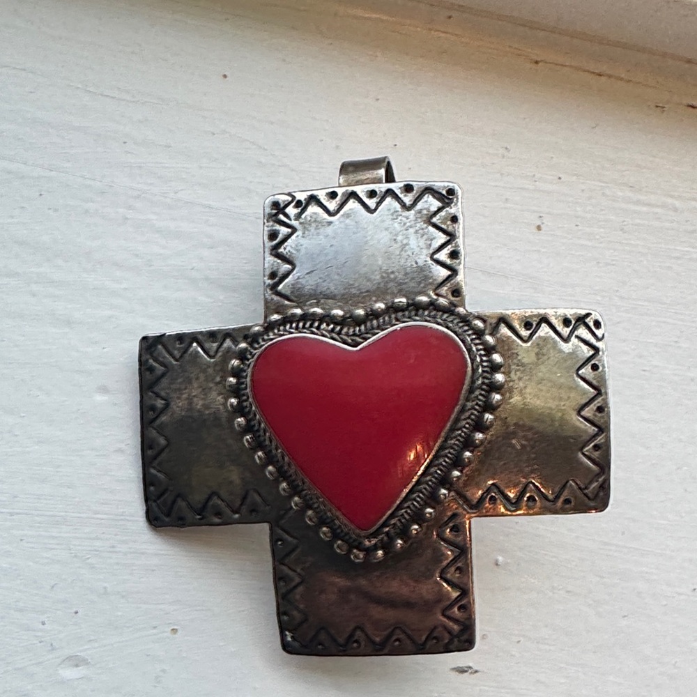 Silver Cross Pendant with Red Heart unmarked cuff pendant  90s